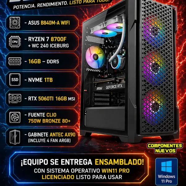 Setup 77 – Ryzen 7 8700F/16gb/1TB NVME/RTX 5060TI 16gb/windows 11 pro