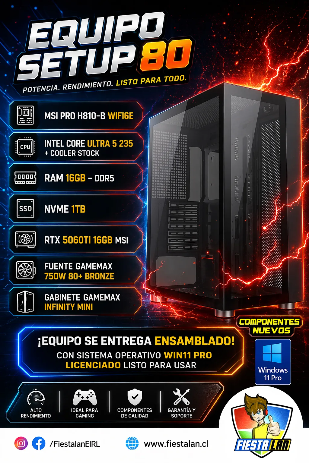 Setup 80 – Core Ultra 5 235 /RTX 5060TI 16gb/16gb DDR5 /1TB NVME/windows 11 pro
