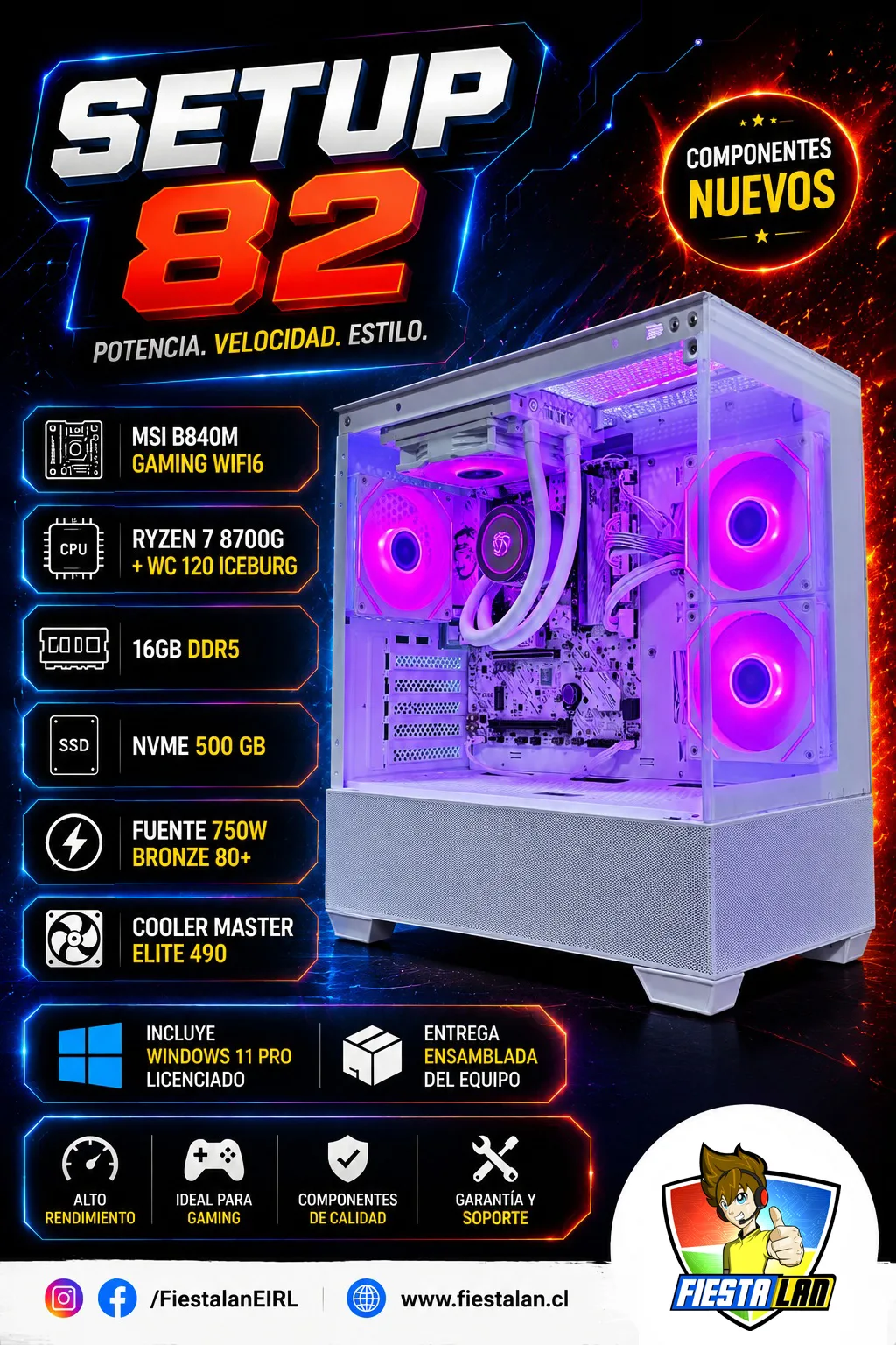 Setup 82W – Ryzen 7 8700G/16gb DDR5 /500GB NVME/windows 11 pro +Office