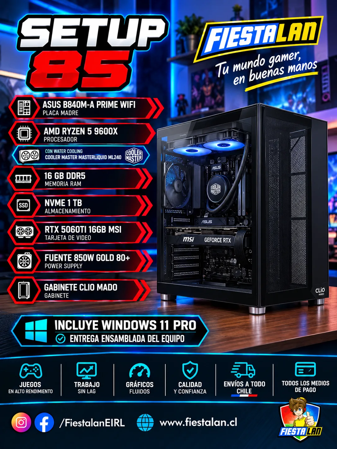 Setup 85 – Ryzen 5 9600X+wc/RTX 5060ti 16gb/16gb DDR5 /1TB NVME/windows 11 pro
